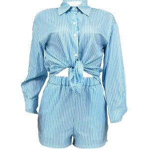 Women's Striped Print Pocket Split Hem Shorts Set, Women's 2 Piece Sets,